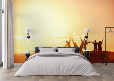 Happy friends or big family's silhouettes at sunset mountains Wall mural