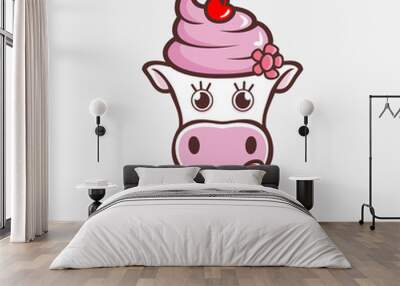 Cute Girl Pink Cow cartoon Wall mural