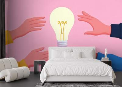 Diverse Hands Reaching for a Light Bulb Illustration Wall mural