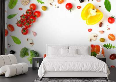 Cook frame with fresh vegetables, herbs and spices on white background. Organic raw salad and pizza ingredients. Flat lay, copyspace, top view. Wall mural