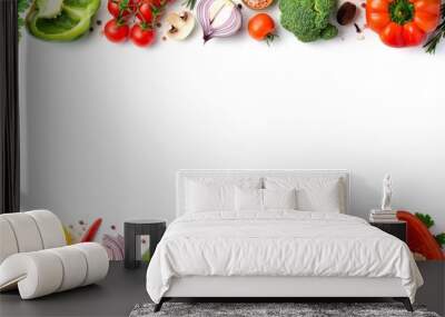 Cook frame with fresh vegetables on white background. Organic raw salad ingredients. Flat lay, copyspace, top view. Wall mural