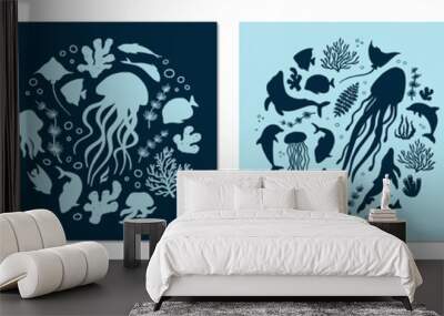 Set of posters with marine life. Abstract illustration of summer time concept. Underwater set of silhouettes. .Flat vector illustration. Card templates Wall mural