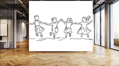 Happy jumping children holding hands. Continuous line drawing.  illustration on white background, Generative AI Wall mural