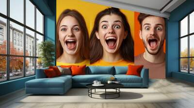 The collage of faces of surprised people on colored backgrounds. Happy men and women smiling. Human emotions, facial expression concept. collage of different human facial expressions, Generative AI Wall mural