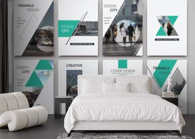 A4 brochure cover design. Templates for flyer, ad text font, info banner frame or title sheet model set. Modern vector front page art with urban city street texture. Patch triangle, round figure icon Wall mural