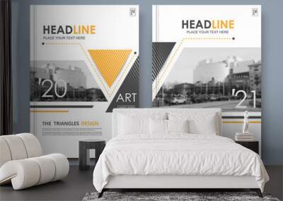 Abstract binder layout. White a4 brochure cover design. Fancy info text frame. Creative ad flyer font. Title sheet model set. Modern vector front page. City view banner. Yellow figure mosaic icon. Wall mural