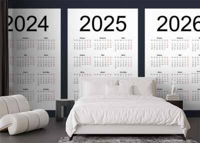 Calendar grid for 2024, 2025 and 2026 years. Simple vertical template in Russian language. Week starts from Monday. Isolated vector illustration on white background. Wall mural