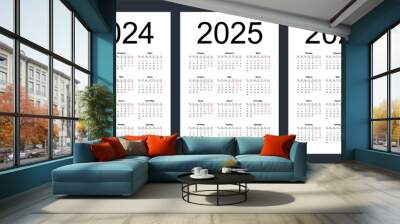 Calendar grid for 2024, 2025 and 2026 years. Simple vertical template in Russian language. Week starts from Monday. Isolated vector illustration on white background. Wall mural