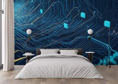 An abstract illustration of data flowing through a network of nodes, digital background with binary code and AI algorithms running in the background, Futuristic technology wallpaper with digital wave
 Wall mural