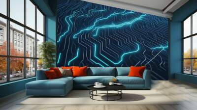 An abstract illustration of data flowing through a network of nodes, digital background with binary code and AI algorithms running in the background, Futuristic technology wallpaper with digital wave
 Wall mural