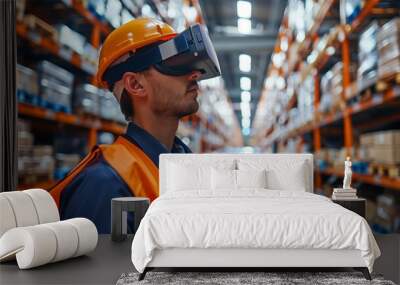 Augmented Reality Picking warehouse workers wearing AR glasses or headsets, which provide real-time picking instructions and navigation cues for faster and more accurate order fulfillment. Wall mural