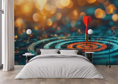 Businessman aims arrow at a virtual target dartboard, precision in setting objectives for business investments visualizes strategic approach to achieving goals and hitting targets in business. Wall mural