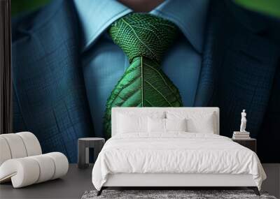 Businessman in a suit wears a tie made of green leaves, symbolizing environmental consciousness. promotes sustainability Ideal for eco-conscious and sustainable business themes Wall mural