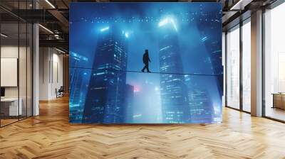 Businessman walking on a tightrope stretched between two skyscrapers, symbolizing risk and challenge. Risk management concept. Wall mural