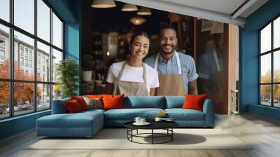 Couple business owners smiling and looking at camera while standing at entrance Wall mural