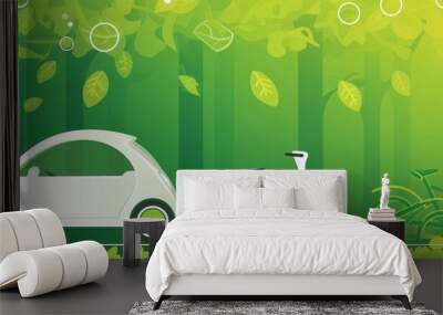 Electric vehicles and bicycles against a backdrop of lush green nature emphasizes eco-friendly modes of transportation, promoting sustainability and environmental awareness. Wall mural