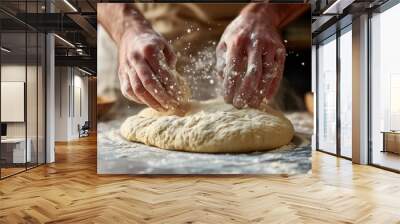 Pizza Process Dough Preparation Close-up shots of the hands kneading and stretching pizza dough on a floured surface, emphasizing the tactile and hands-on nature of the process Wall mural