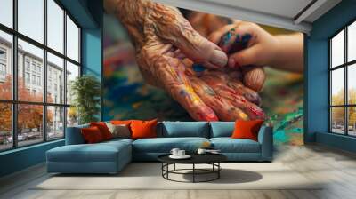 Tiny fingers trace weathered lines on a grandparent's hand, bridging the gap between ages through shared laughter and a colorful paintbrush. Wall mural