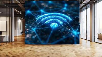 Wireless network and connection abstract data background with wifi symbol Wall mural