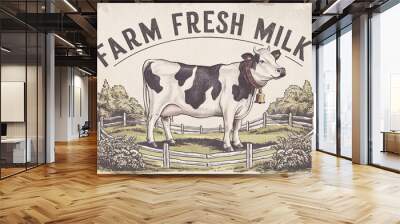 Farm fresh milk slogan with a retro watercolor style illustration of a dairy cow.  Wall mural