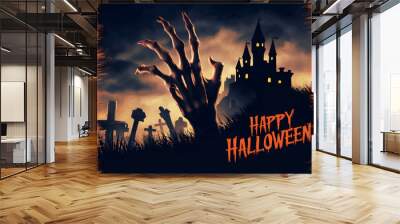 Grunge illustration of A scary hand emerges from a graveyard, silhouetted against a castle in the dark night landscape background with 