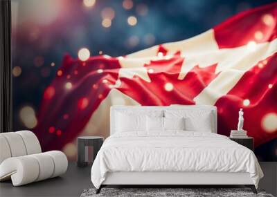 The Canadian flag stands tall amidst a beautiful scene, sunlight, illuminated by glowing lights and a bokeh background Wall mural