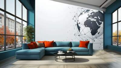 Digital globe with global network connections, white background, simple lines representing the Earth's surface, global map, data flow in black & grey tones, with subtle geometric patterns around it. Wall mural