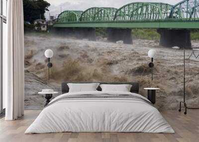 raging waters of the fuji river during a typhoon Wall mural