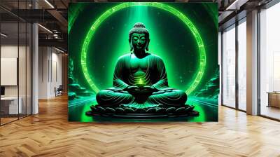 Image of meditating Buddha statue with green neon lights. Generative AI Wall mural