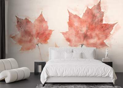 Three autumn colored maple leaves displayed using a watercolor technique. The three sizes could represent two parents and a child.
 Wall mural