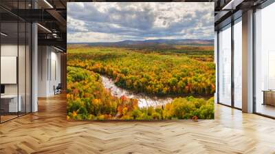 Awesome aerial view of Bonanza Falls during Autumn on the Big Iron River -  near Silver City and Porcupine Mountains Wilderness State Park - Michigan Upper Peninsula Wall mural