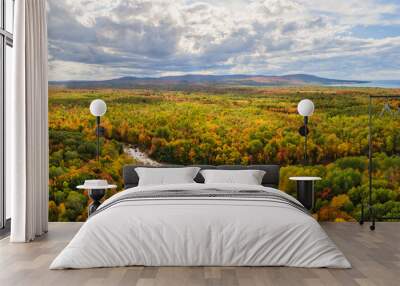 Colorful aerial view of Bonanza Falls during Autumn on the Big Iron River -  near Silver City and Porcupine Mountains Wilderness State Park - Michigan Upper Peninsula Wall mural