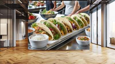 A DIY taco bar with an assortment of fillings and toppings, inviting viewers to build their own tacos Wall mural