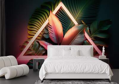 Stylized neon retro geometric shape with palm fronds and tropical plants. Created using generative AI. Wall mural