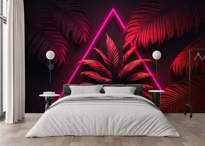 Stylized neon retro geometric shape with palm fronds and tropical plants. Created using generative AI. Wall mural