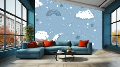 Blue clouds and stars in the sky. Vector design illustration for wallpaper. Decor, interior, seamless packaging, stylish print. Wall mural