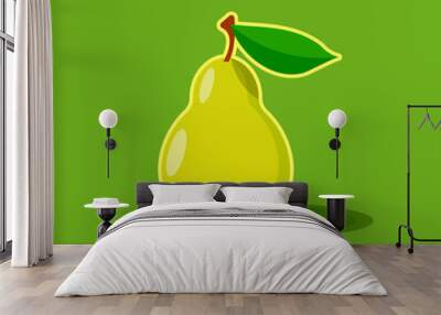 Pear illustration AI and green background. Simple pear and leaf. Wall mural