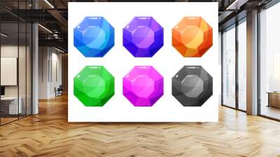 Set of ten multicolored crystals, gems, diamonds. Collection of cartoon style vector graphic resources for game design. Wall mural