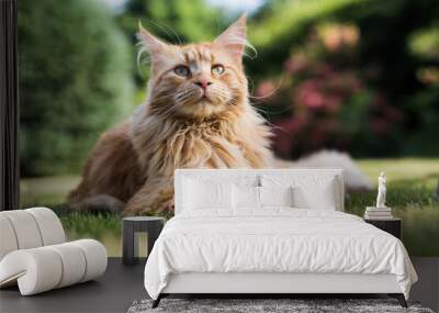 Ginger maine coon cat in a garden Wall mural