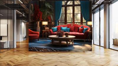 a colorful living room with many art pieces, teal and red, atmospheric environments, pre world war ii school of paris Wall mural