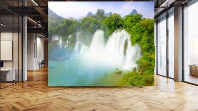 Aerial view of Ban Gioc Detian waterfall in Vietnam China border. The most beautiful and largest waterfall in Southeast Asia. Wall mural