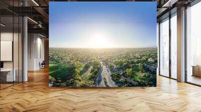 Aerial view of towards Stanford campus and Hoover tower, Palo Alto and Silicon Valley from the Stanford dish hills, California, USA Wall mural