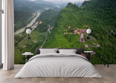 Aerial view of Truc Lam Phat Tich pagoda close to the Ban Gioc waterfall in Northern Vietnam Wall mural