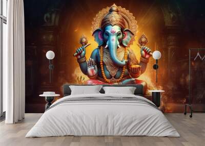 Ganesha Hindu God , with flowers, oil painting taken up into heaven, sitting in front of bokeh mandala background Wall mural