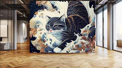 Generative AI illustration of a cat is exploring, Japanese style pattern background, pastel illustration Wall mural