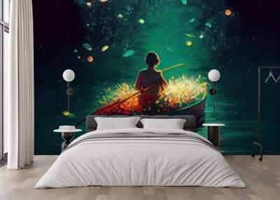 Generative AI illustration of a person in a boat is floating in the ocean with flowers and stars, in the style of anime, enchanting lighting, festive atmosphere Wall mural