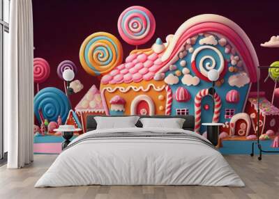 Generative AI illustration of a sweet and magical world with candy land landscape and gingerbread fantasy house Wall mural