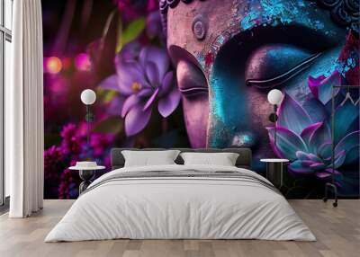 Generative AI illustration of abstract lifelike buddha, flowers, magic lighting, beautiful metallic and stone colors, detailed, natural lighting, natural environment. Digitally generated image Wall mural