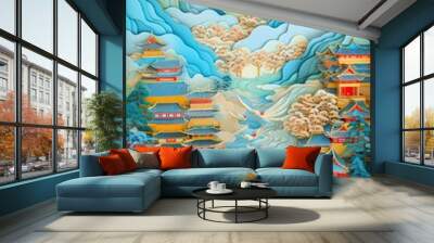 Generative AI illustration of Chinese nature and landscape on solid background, auspicious clouds, ravine stream, mountain range, many houses and ancient buildings, multi dimensional paper quilling Wall mural