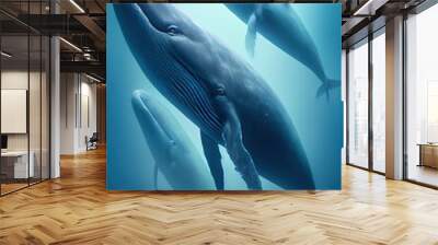 Generative AI illustration of family blue whale under water, ocean Wall mural